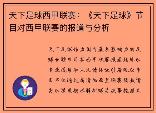天下足球西甲联赛：《天下足球》节目对西甲联赛的报道与分析
